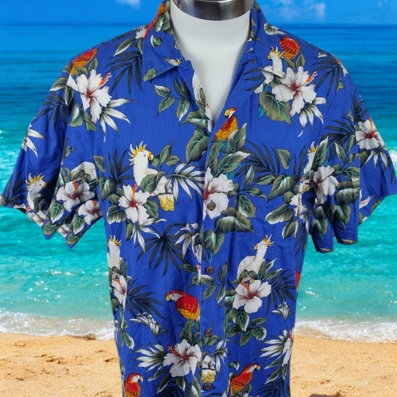 Vintage RJC Hawaiian Parrot Shirt Aloha Tropical Birds Tiki Island Flowers Sz LG - Picture 1 of 14